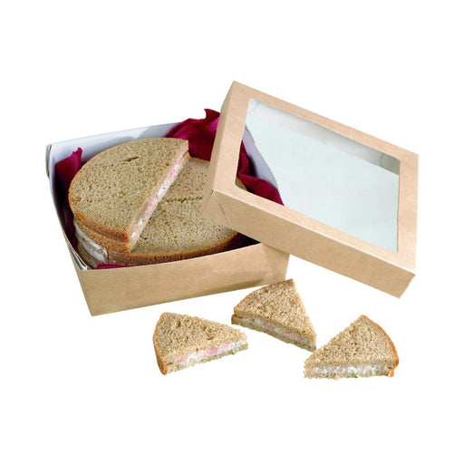 Caja cuadrada de cartón marrón con tapa ventana KRAY 950ml 155x155mm A50mm - 250Uds