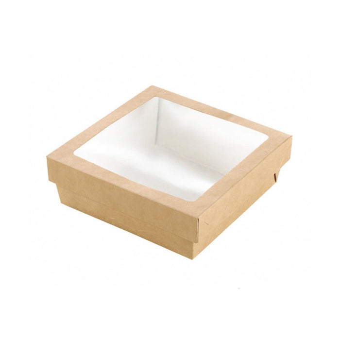 Caja cuadrada de cartón marrón con tapa ventana KRAY 950ml 155x155mm A50mm - 250Uds