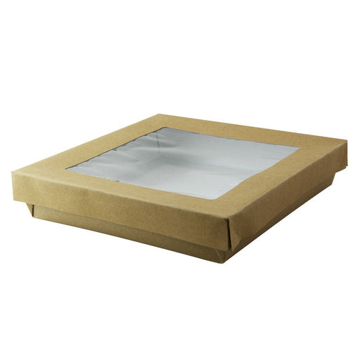 Caja cuadrada de cartón marrón con tapa ventana KRAY 1000ml 205x205mm A40mm - 200Uds