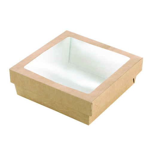 Caja cuadrada de cartón marrón con tapa ventana KRAY 3500ml 225x225mm A80mm - 100Uds