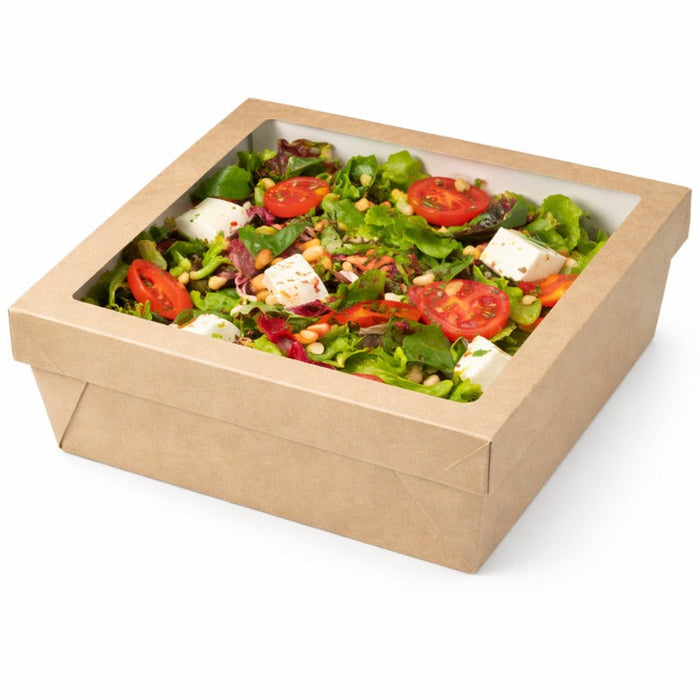 Caja cuadrada de cartón marrón con tapa ventana KRAY 3000ml 265x265mm A50mm - 100Uds
