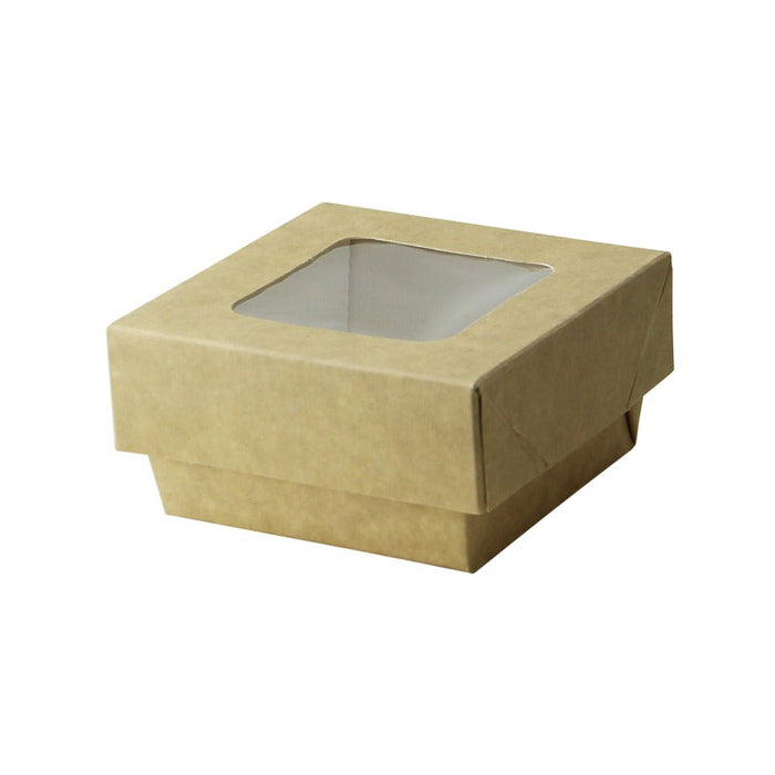 Caja cuadrada de cartón marrón con tapa ventana KRAY 200ml 85x85mm A40mm - 250Uds