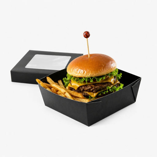 Caja cuadrada de cartón negro con tapa ventana KRAY 700ml 135x135mm A50mm - 100Uds
