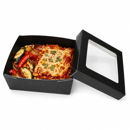 Caja cuadrada de cartón negro con tapa ventana KRAY 950ml 155x155mm A50mm - 100Uds