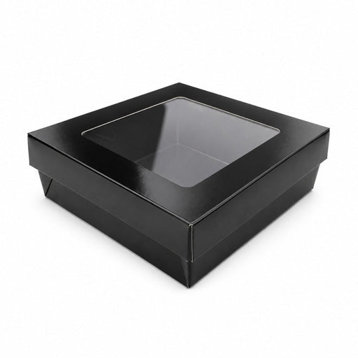 Caja cuadrada de cartón negro con tapa ventana KRAY 950ml 155x155mm A50mm - 100Uds