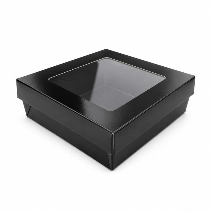 Caja cuadrada de cartón negro con tapa ventana KRAY 950ml 155x155mm A50mm - 100Uds
