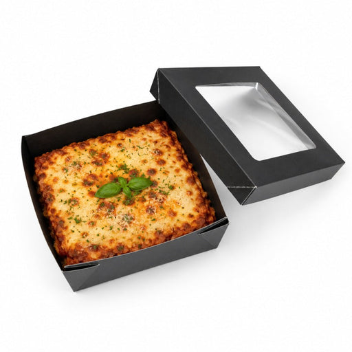 Caja horneable cuadrada de cartón negro con tapa ventana "Kray" 200x200mm H65mm - 100Uds