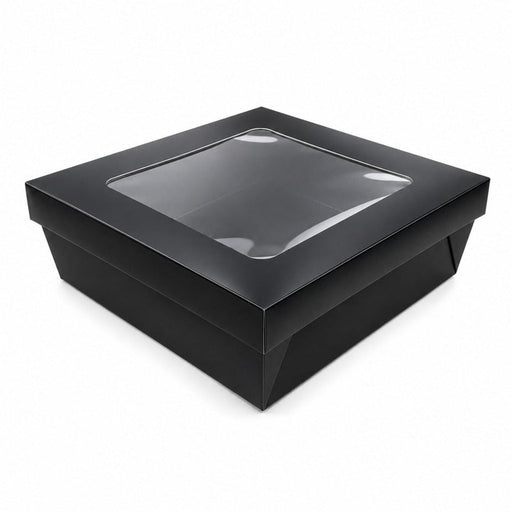 Caja horneable cuadrada de cartón negro con tapa ventana "Kray" 200x200mm H65mm - 100Uds