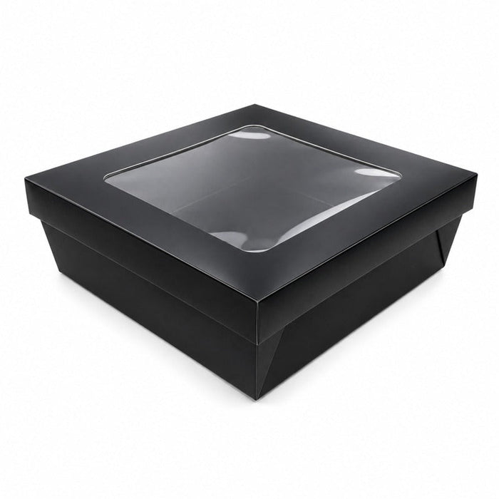 Caja horneable cuadrada de cartón negro con tapa ventana "Kray" 200x200mm H65mm - 100Uds