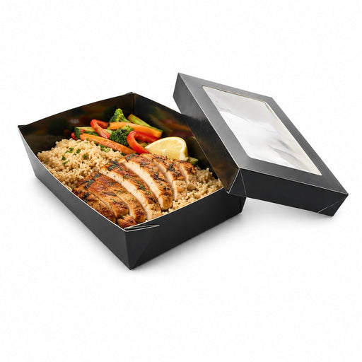Caja rectangular de cartón negro con tapa ventana KRAY 225x155mm A50mm - 100Uds