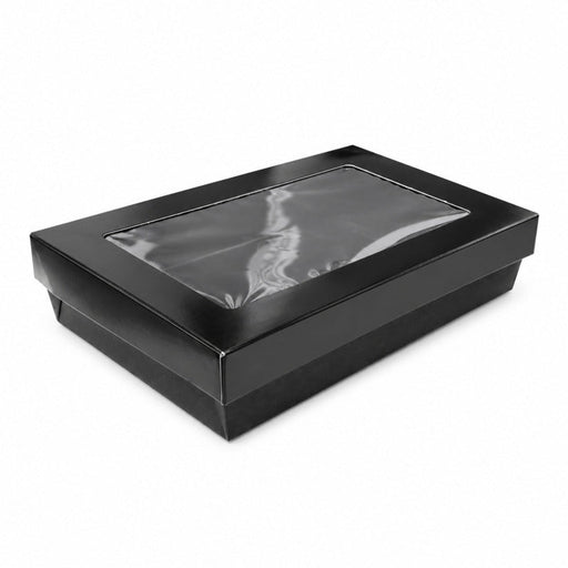 Caja rectangular de cartón negro con tapa ventana KRAY 225x155mm A50mm - 100Uds