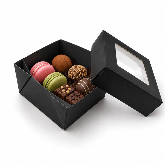 Caja horneable cuadrada de cartón negro con tapa ventana "Kray" 85x85mm H40mm 200ml - 100Uds