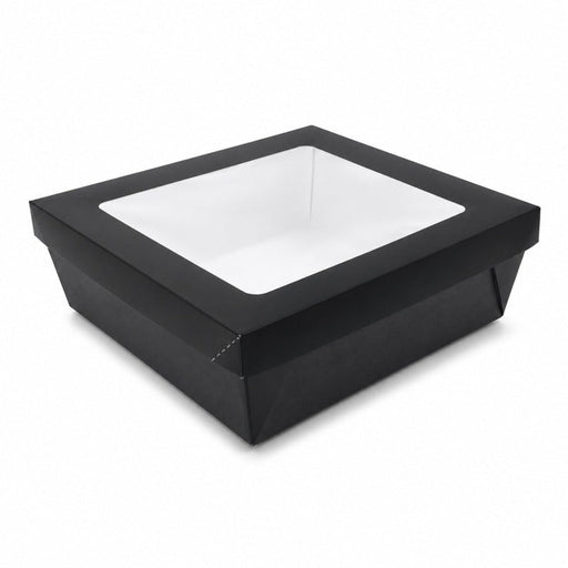 Caja horneable cuadrada de cartón negro con tapa ventana "Kray" 245x245mm H80mm 4 200ml - 100Uds
