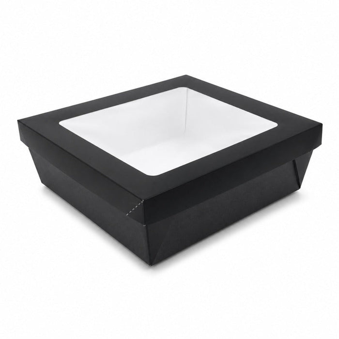 Caja horneable cuadrada de cartón negro con tapa ventana "Kray" 245x245mm H80mm 4 200ml - 100Uds