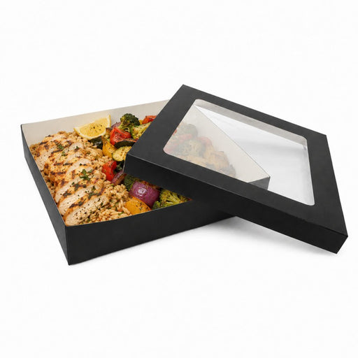 Caja horneable cuadrada de cartón negro con tapa ventana "Kray" 265x265mm H50mm 3000ml - 100Uds