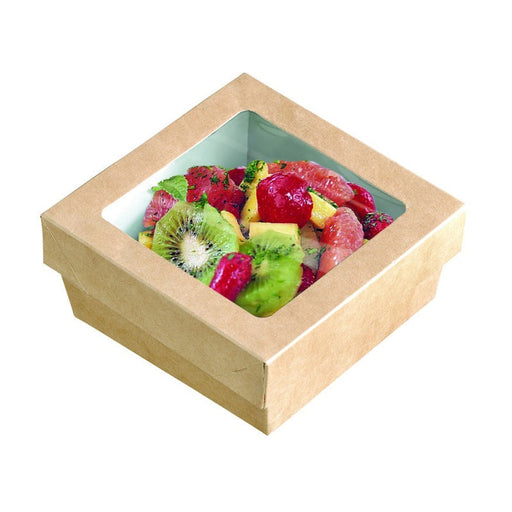 Caja cuadrada de cartón marrón con tapa ventana PLA KRAY 700ml 135x135mm A50mm - 250Uds