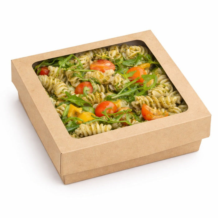 Caja cuadrada de cartón marrón con tapa ventana PLA KRAY 900ml 155x155mm A50mm - 250Uds