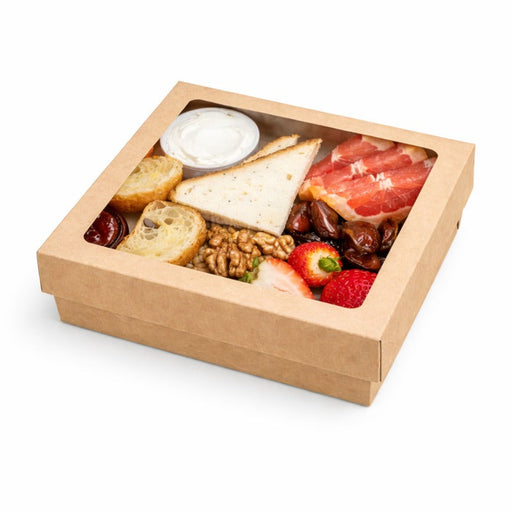 Caja cuadrada de cartón marrón con tapa ventana PLA KRAY 1300ml 205x205mm A40mm - 200Uds