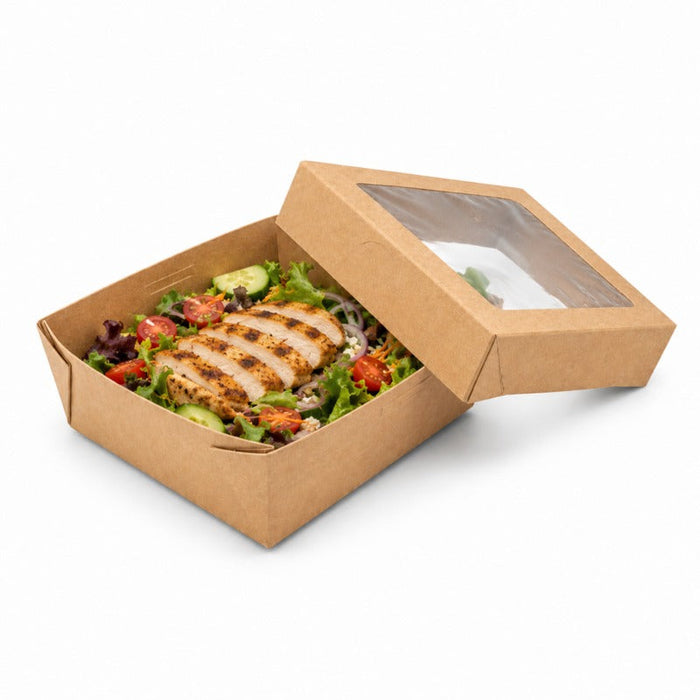 Caja horneable cuadrada de cartón marrón con tapa ventana KRAY 350ml 115x115mm A50mm - 100Uds