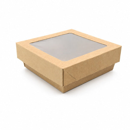 Caja horneable cuadrada de cartón marrón con tapa ventana KRAY 350ml 115x115mm A50mm - 100Uds