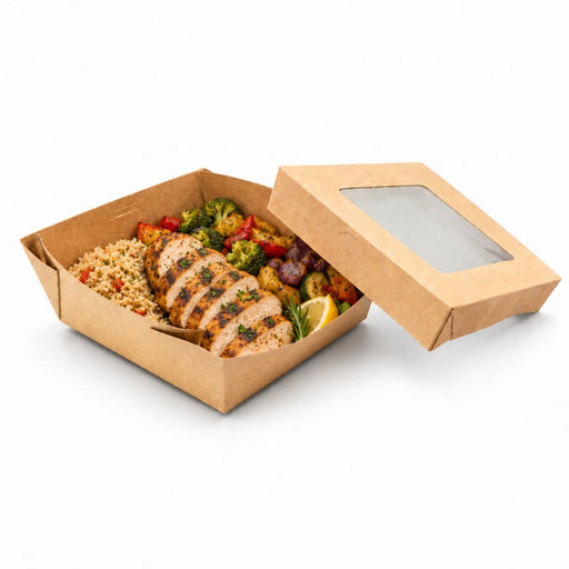 Caja horneable cuadrada de cartón marrón con tapa ventana KRAY 135x135mm A50mm - 100Uds
