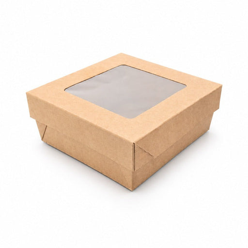 Caja horneable cuadrada de cartón marrón con tapa ventana KRAY 135x135mm A50mm - 100Uds