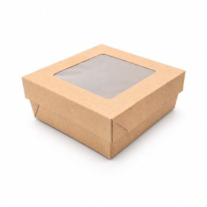 Caja horneable cuadrada de cartón marrón con tapa ventana KRAY 135x135mm A50mm - 100Uds
