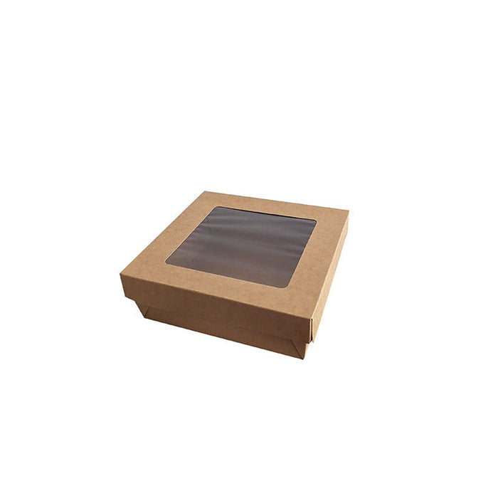 Caja horneable cuadrada de cartón marrón con tapa ventana KRAY 950ml 155x155mm A50mm - 100Uds