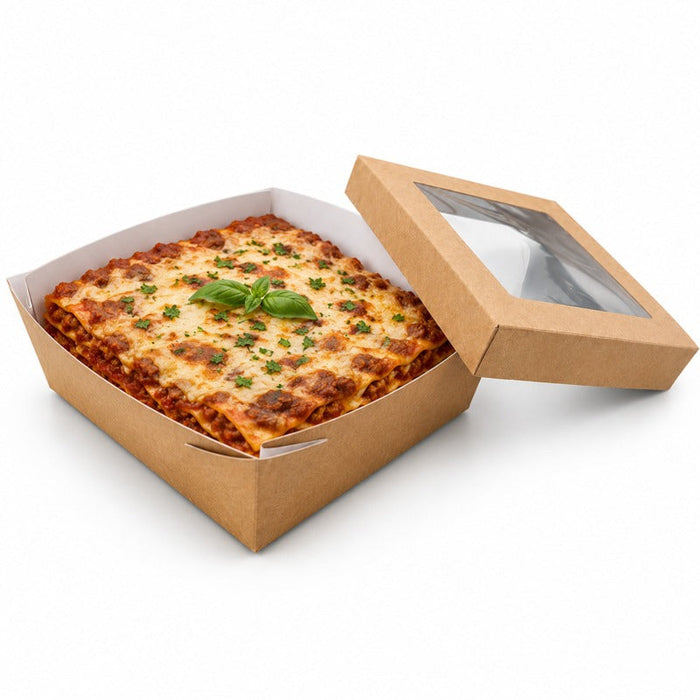 Caja horneable cuadrada de cartón marron con tapa ventana "Kray" 200x200mm H65mm - 100Uds