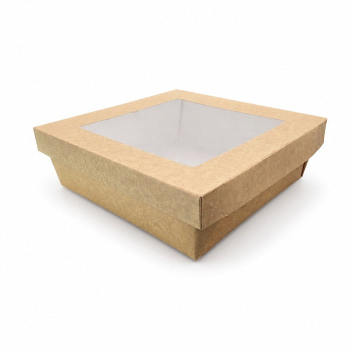 Caja horneable cuadrada de cartón marron con tapa ventana "Kray" 200x200mm H65mm - 100Uds