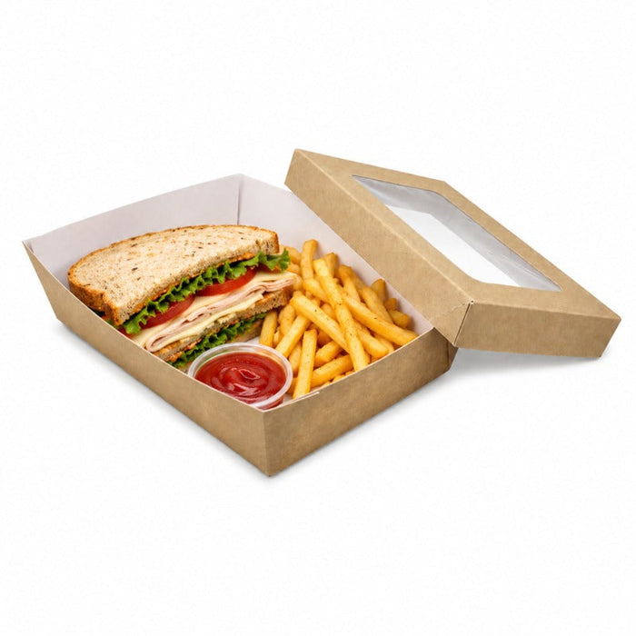 Caja horneable rectangular de cartón marrón con tapa ventana KRAY 225x155mm A50mm - 100Uds
