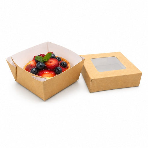 Caja horneable cuadrada de cartón marron con tapa ventana "Kray" 85x85mm H40mm 200ml - 100Uds