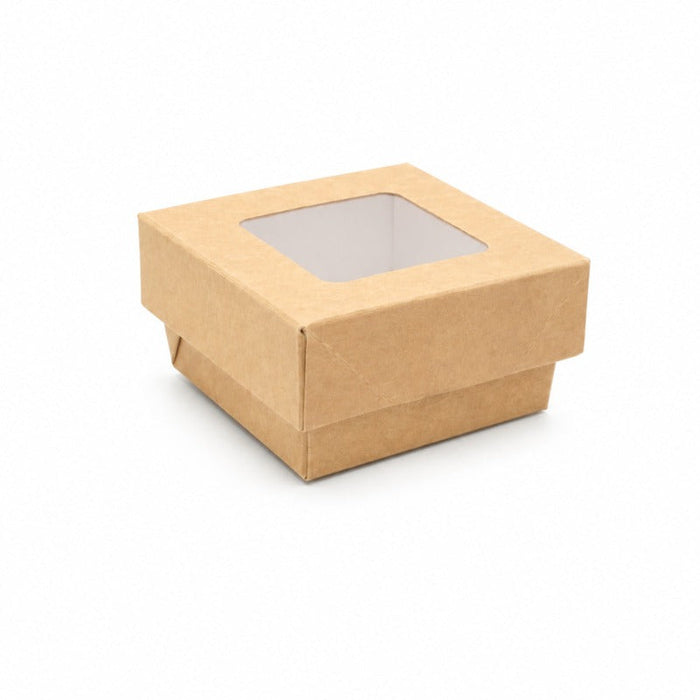 Caja horneable cuadrada de cartón marron con tapa ventana "Kray" 85x85mm H40mm 200ml - 100Uds