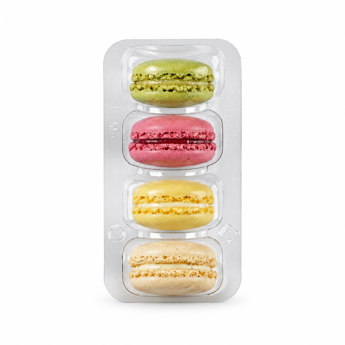 Separador de plástico PET transparente para 4 (1x4) macarons com fecho por pressão - 12,8 cm x 6,8 cm x 2,3 cm - 250 un.