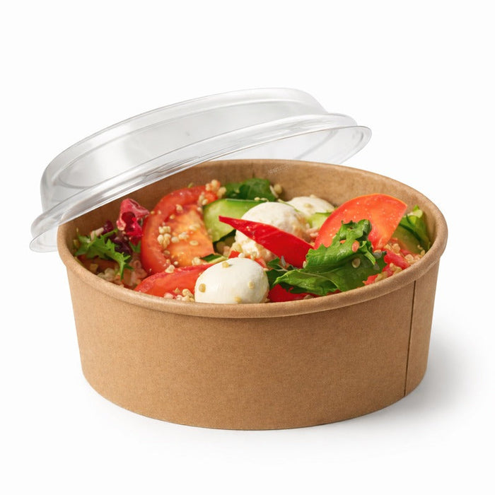 Combo Ensaladera redonda cartón kraft BUCKATY con tapa PET 1200ml Ø185mm A65mm - 200Uds