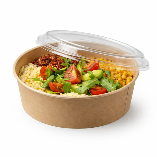 Combo Ensaladera redonda cartón kraft BUCKATY con tapa PP 1200ml Ø185mm A65mm - 200Uds