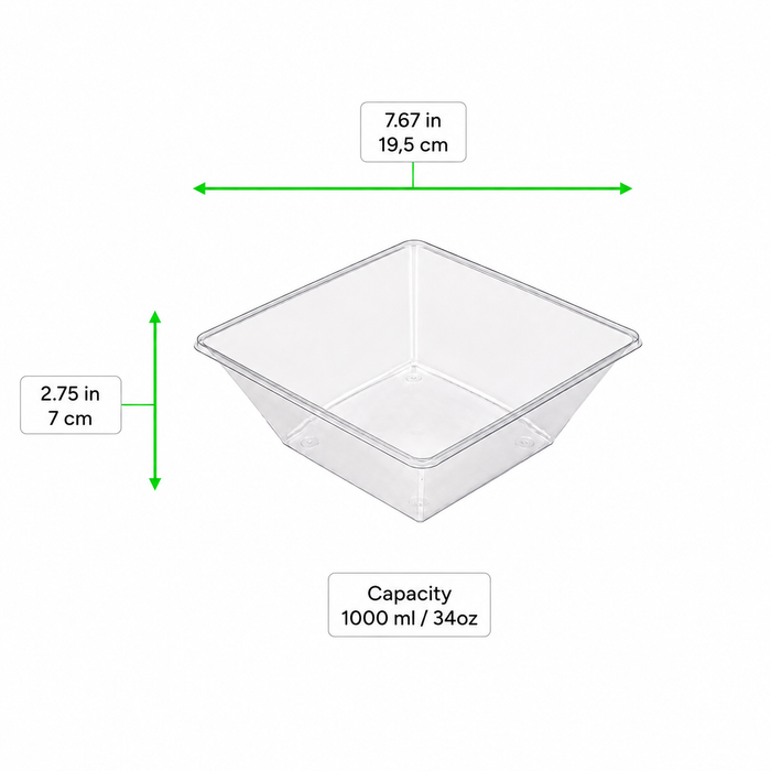 Ensaladera PET cuadrada transparente (sin Tapa) 1000ml 195x195mm A70mm - 300Uds