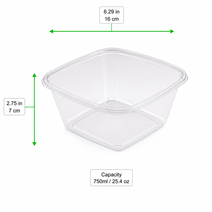Ensaladera PET cuadrada transparente (sin Tapa) 750ml 160x160mm A70mm - 400Uds