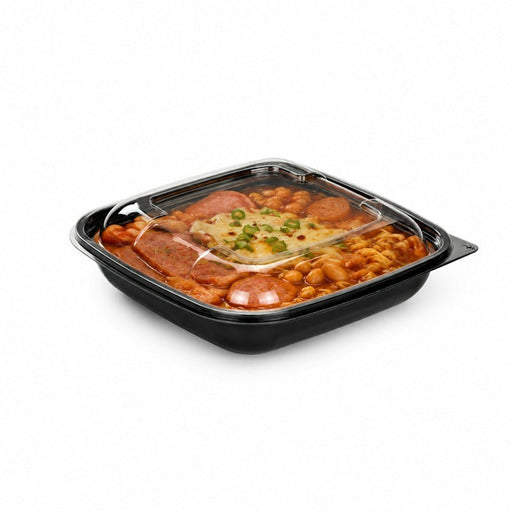 Combo Ensaladera PET cuadrada negra con Tapa 750ml 190x190mm A65mm - 200Uds