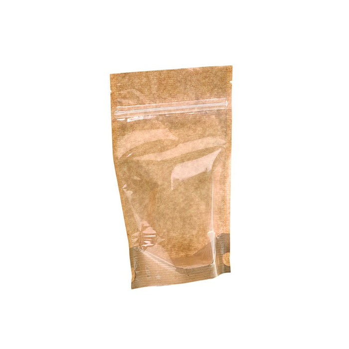 Bolsa tipo stand-up de kraft con ventana transparente y cierre zip 150x220mm - 200Uds