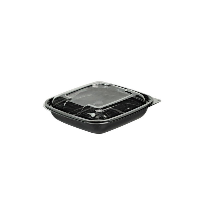 Combo Ensaladera PET cuadrada negra con Tapa 750ml 190x190mm A45mm - 150Uds