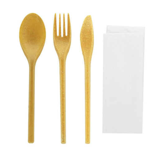 Kit cubiertos de madera 4/1: Cuchillo,tenedor,cuchara grande,servilleta funda kraft A250mm - 250Uds