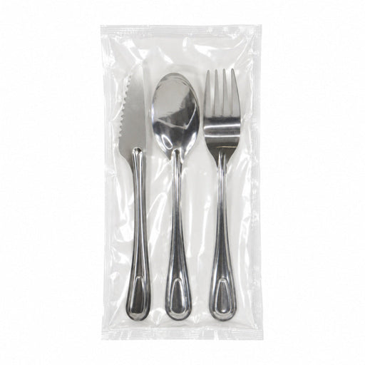4/1 cubiertos de acero inoxidable cuchillo tenedor sopa cuchara servilleta, embalaje de papel 230x60mm H25mm - 250Uds