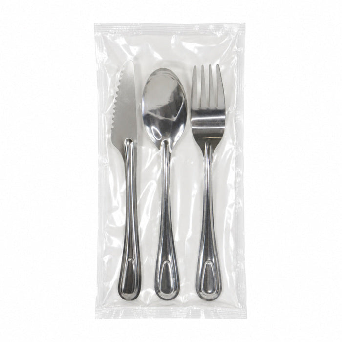 4/1 cubiertos de acero inoxidable cuchillo tenedor sopa cuchara servilleta, embalaje de papel 230x60mm H25mm - 250Uds