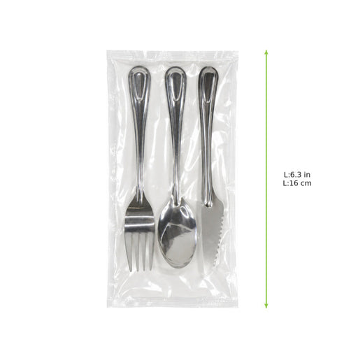 4/1 cubiertos de acero inoxidable cuchillo tenedor sopa cuchara servilleta, embalaje de papel 230x60mm H25mm - 250Uds