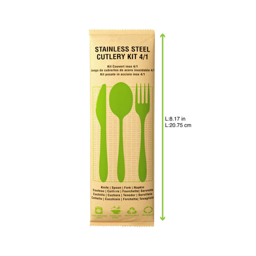 4/1 cubiertos de acero inoxidable cuchillo tenedor sopa cuchara servilleta, embalaje de papel 210x60mm H15mm - 250Uds