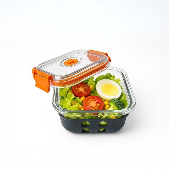 Fiambrera COOK SHOW de vidrio borosilicato con tapa hermética de acrilico y funda de silicona 510ml 132x132mm A53mm - 24Uds