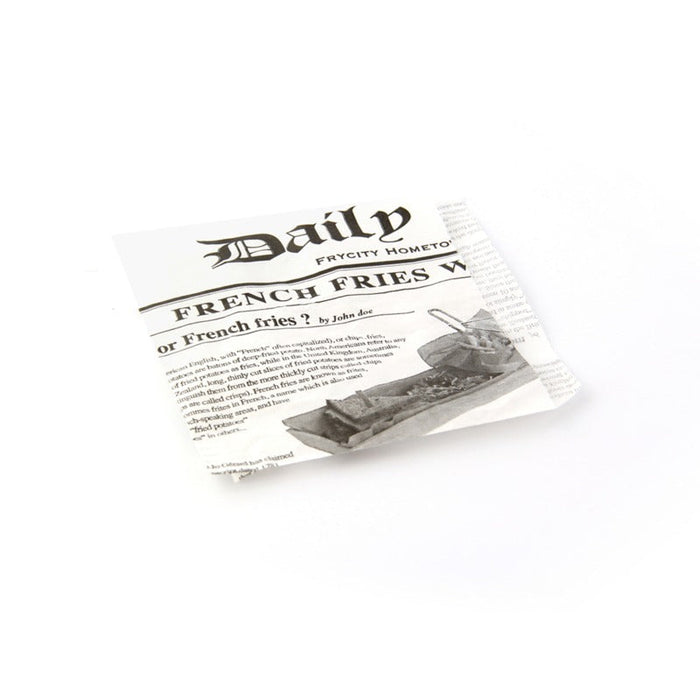 Bolsita de papel blanca antigrasa abierta por 2 lados diseño periódico 130x130mm - 8000Uds