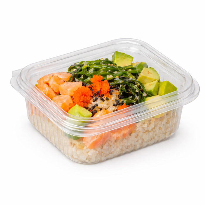 Envase rectangular PLA transparente con tapa bisagra 370ml 126x117mm A56mm - 700Uds