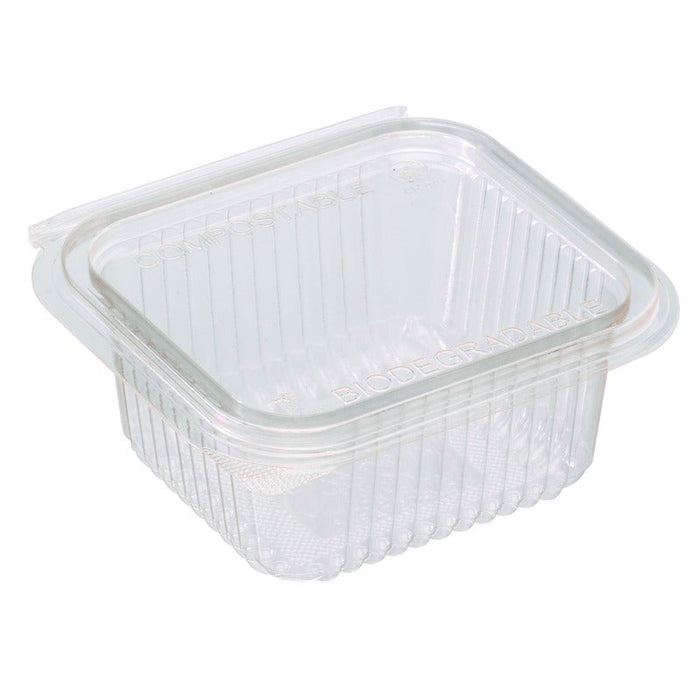 Envase rectangular PLA transparente con tapa bisagra 370ml 126x117mm A56mm - 700Uds